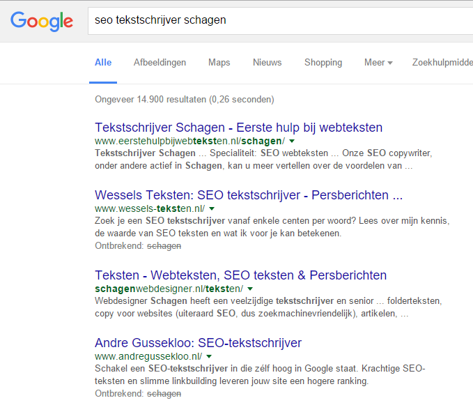 SEO-tekstschrijver Schagen Google zoekresultaten voorbeeld